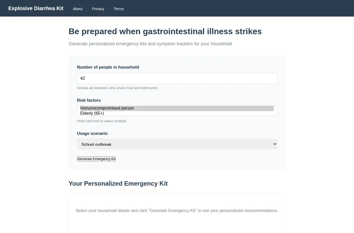 Screenshot of Explosive Diarrhea Kit interface showing the project page in use
